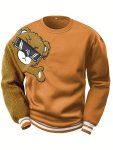Men's Cartoon Bear Embroidery Crew Neck Sweatshirt Loose Fit Sports Tops