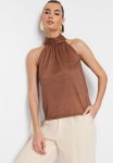 High Neck Regular Fit Pleated Blouse - Brown