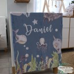 Personalised Fleece Blanket Under The Sea Mantaray