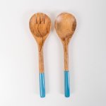 Wooden Serving Spoon With Enamel Ocean - Set Of 2