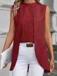 Solid Mock Neck Simple Blouse Vintage Sleeveless Irregular Hem Blouse For Summer Women's Clothing
