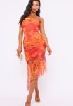 Abstract Print Asymmetric Frill Hem Bandeau Midaxi Dress - Orange