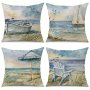 4PCS European Cushion Cover Pillowcase Back Pillow Beach Ocean Resort Style Linen Printed Sofa Pillow Cover 45.72X45.72CM As Halloween Chrismas Gift No Pillow Insert