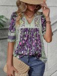 Plus Size Floral Print V Neck T-Shirt Elegant Short Sleeve Top For Spring & Summer Women's Plus Size Clothing
