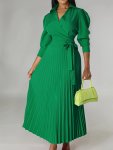 Solid Pleated Dress Elegant Knotted V Neck 3 4 Sleeve Dress Women's Clothing