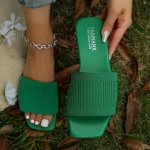 Women's Knitted Single Band Flat Slides Casual Square Open Toe Summer Shoes Lightweight Outdoor Beach Slides