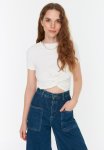 Lacing Detail Crew Neck Creme Crop Knitted Blouse - White