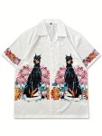 Men's Trendy Lapel Collar Graphic Shirt With Stylish Dog And Floral Print For Summer Vacation And Casual Wear