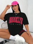 Plus Size Letter Brooklyn Print T-Shirt Casual Short Sleeve Top For Spring & Summer Women's Plus Size Clothing