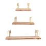 Set Of 3 Floating Wood Shelves With Gold Wire Frames - Modern Wall Storage