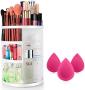 Mokaro 360 Degree Rotating Makeup Organizer With 3 Pcs Makeup Sponge For Mothers Day Gifts Adjustable Countertop Cosmetic Storage Box With Makeup Brush Holders