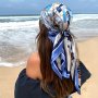 89.92CM Blue Sailboat Print Square Scarf Stylish Silky Satin Small Shawl Casual Outdoor Sunscreen Decorative Headscarf