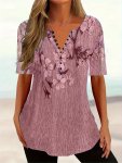 Plus Size Floral Print Button Front T-Shirt Casual Short Sleeve Top For Spring & Summer Women's Plus Size Clothing