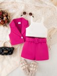 Baby's Trendy 3PCS Color Clash Summer Outfit Lapel Vest & Cami Top & Belted Shorts Set Toddler & Infant Girl's Clothes For Daily