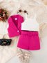 Baby's Trendy 3PCS Color Clash Summer Outfit Lapel Vest & Cami Top & Belted Shorts Set Toddler & Infant Girl's Clothes For Daily/holiday As Gift