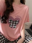 Women's Heart & Plaid Bow & Letter Print Casual Loose Fit Pajama Set Short Sleeve Round Neck Top & Shorts Comfortable Relaxed Fi