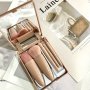 5pcs Portable Mini Makeup Brush Set With Mirror & Case - Soft Synthetic Bristles For Powder Blush Eyeshadow | Fragrance-Free Beauty Tools