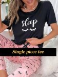 Casual Eyelash & Letter Print Pajama Tops Short Sleeve Round Neck Top Women's Sleepwear & Loungewear