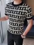 Geometric Pattern Design Men's Fashion Round Neck Knitted T-Shirt Short Sleeve Slim Fit Sweater For Spring/ Summer Casual Daily 