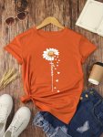 Flower Print T-Shirt Short Sleeve Crew Neck Casual Top For Summer & Spring Women's Clothing