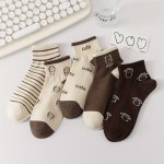 5 Pairs Cute Bear & Letter Socks Cute College Style Short Socks Women's Stockings & Hosiery