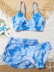 Girl's 3PCS Blue Tie Dye Bikini Bathing Suits V-neck Adjustable Bikini Set + Cover-up Skirt Set Pool Swimwear Beach Holiday Swim