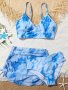 Girl's 3PCS Blue Tie Dye Bikini Bathing Suits V-neck Adjustable Bikini Set + Cover-up Skirt Set Pool Swimwear Beach Holiday Swimsuit