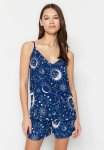 Galaxy Patterned Viscose Woven Pajama Set With Rope Straps - Indigo