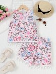 Girl's Floral Print Tank Top And Fringe Shorts Set: Summer Vacation Outfit For Little Girls