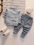 Kid's Classic Casual Outfits - 2PCS Slant Shoulder Long Sleeve Top With Big Pocket Design + Trousers Set For Spring Autumn