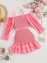 2pcs Girls Outfit Polka Dot Heart Graphic Puff Sleeves Cold Shoulder Shirred Top & Layered Hem Skirt Set Kids Summer Clothes