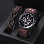 1PC Men's Pu Strap Calendar Casual Quartz Watch & 1PC 8-SHAPED Feather Bangle Jewelry Set