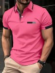 Striped Pattern Print Men's Lapel Short Sleeve Golf T-Shirt Stylish Tennis Tees Casual Comfortable Versatile Top For Summer Outd