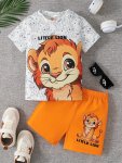2PCS Boys Casual Little Lion Print Comfortable Versatile Short Sleeve T-Shirt & Shorts Set Cool Lightweight And Comfy Summer Clo