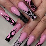 24PCS Long Coffin Pink & Black Flame French Press-on Nails Set Glossy Color Splash Stripe False Nail Tips Manicure For Women And