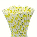 Biodegradable Lemon Pattern Paper Straws Pack Of 100 - Perfect For Weddings Birthdays Bachelor Parties & Various Celebrations Un
