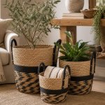 Woven Storage Basket Set Of 3 With Handles Natural And Black