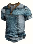 Men's 3D Digital Denim Patchwork Pieces Pattern Print T-Shirt With Buttoned Henley Neck And Short Sleeve Casual And Chic Tops Fo