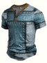 Men's 3D Digital Denim Patchwork Pieces Pattern Print T-Shirt With Buttoned Henley Neck And Short Sleeve Casual And Chic Tops For Summer Outdoors Wear