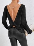 Solid Twist Back Knitted Top Elegant Long Sleeve Hollow Backless Fashion T-Shirt Women's Clothing