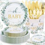 Gudvilla 168 Pcs Sage Green Baby Shower Decorations Neutral Baby Shower Plates And Cups And Napkins Sets Serves 24 Oh Baby Plate