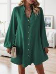 Solid Color V Neck Dress Casual Long Sleeve Loose Fit Dress For Spring & Fall Women's Clothing