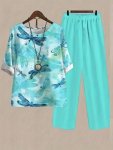Plus Size Dragonfly Print Two-piece Set Casual Crew Neck Short Sleeve Top & Pants Outfits Women's Plus Size Clothing