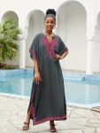 Ramadan Plus Size Boho Kaftan Dress Women's Plus Golden Embroidered Bat Sleeve Notched Neck Maxi Cover Up Dress