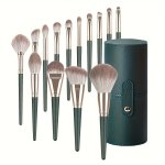Luxurious 14PC Makeup Brush Set - Plush Green Professional Brushes For Full Face & Eye Detailing - Ideal For Foundation Contouri