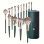 Luxurious 14PC Makeup Brush Set - Plush Green Professional Brushes For Full Face & Eye Detailing - Ideal For Foundation Contouring & Blending