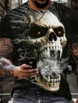3D Halloween Horror Skull Pattern Print Men's Crew Neck Short Sleeve T-Shirt Casual Summer T-Shirt For Daily Wear And Vacation R