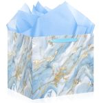 Woosytoo 12 Inch Extra Large Gift Bags - Blue Gold Marble Square Gift Bag With Handles Jumbo Wedding Gift Bags Giant Wrapping Pa