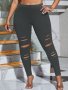 Plus Size Solid Color Ripped Skinny Leggings Casual Stretchy Leggings For Spring & Summer Women's Plus Size Clothing