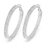 Medium Silver Tone Wide Hoop Earrings With 2 Rows Of Crystals